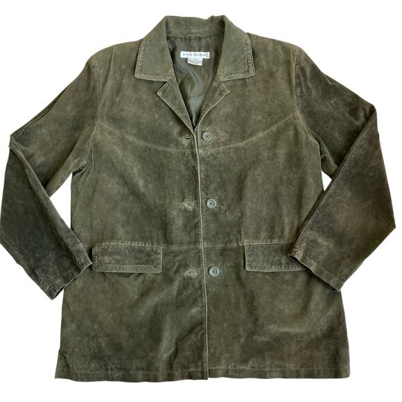 Jessica Holbrook Vintage Olive Green Thigh Length Suede Jacket Button Front - Picture 10 of 16